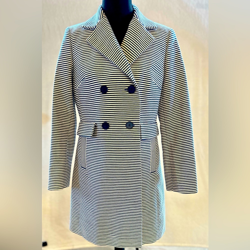 NWOT Talbots Navy Cream Stripe Trench Coat Sz 4P